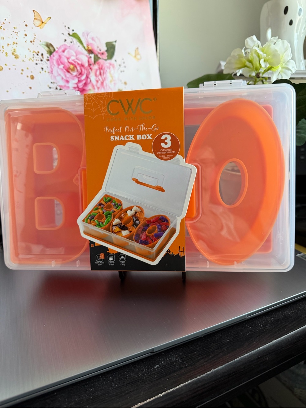 CWC Orange 3-Compartment Snack Box On-the-Go Food Organizer BOO non slip bottom